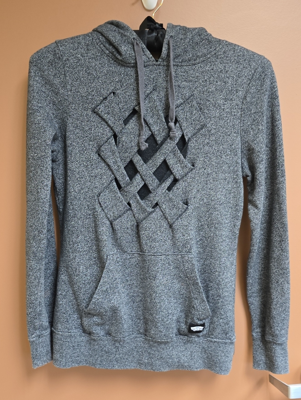 Vans Gray Heathered Lattice Weave Cutout Front Pullover Hoodie Sweatshirt M